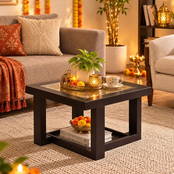 Nilkamal Winny Glass Top Center Table (Season Rust Brown)