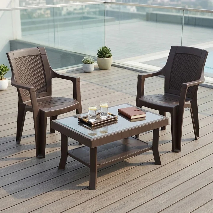 Mystique Chairs and Glass Top Coffee Table Plastic Outdoor Set (2 Seater, Season Rust Brown & Weather Brown)