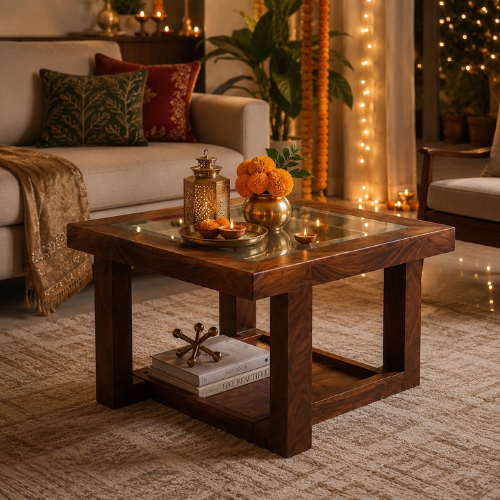 Nilkamal Winny Glass Top Center Table (Walnut)